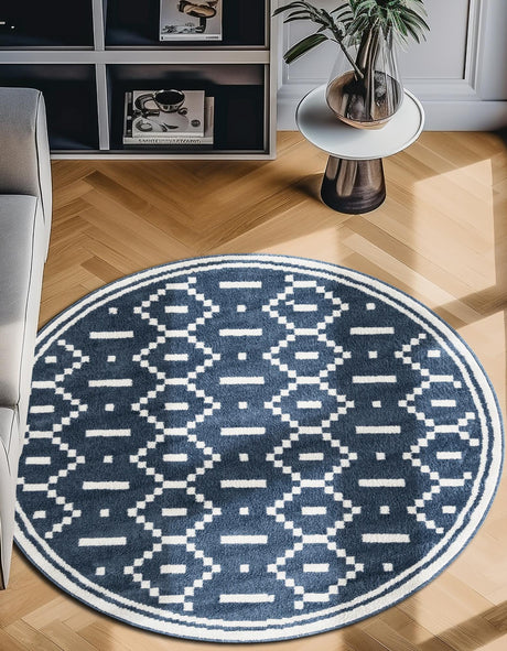 Blue 7' 10 x 7' 10 Norge Round Area Rug 100% Polypropylene Easy Clean Non Shed Stain Resistant Modern Carpet for Home Interior Design for Sale at Rug Engine