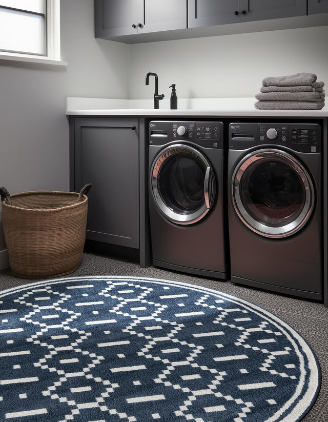 Blue 3' 1 x 3' 1 Norge Round Area Rug 100% Polypropylene Easy Clean Non Shed Stain Resistant Modern Carpet for Home Interior Design for Sale at Rug Engine