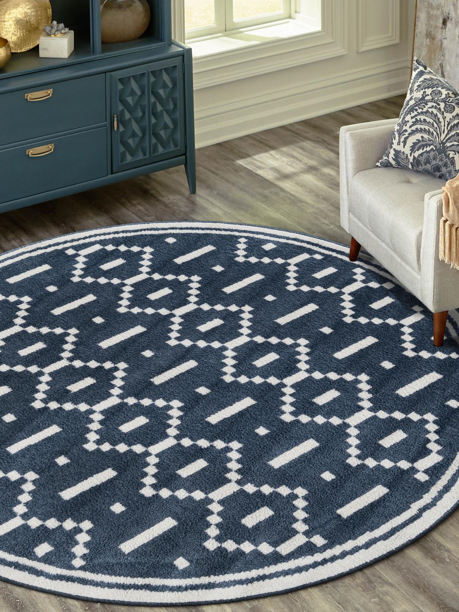 Blue 10' x 10' Norge Round Area Rug 100% Polypropylene Easy Clean Non Shed Stain Resistant Modern Carpet for Home Interior Design for Sale at Rug Engine