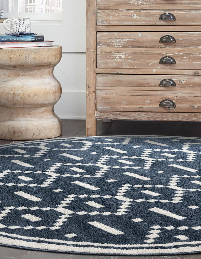 Blue 7' 10 x 7' 10 Norge Round Area Rug 100% Polypropylene Easy Clean Non Shed Stain Resistant Modern Carpet for Home Interior Design for Sale at Rug Engine