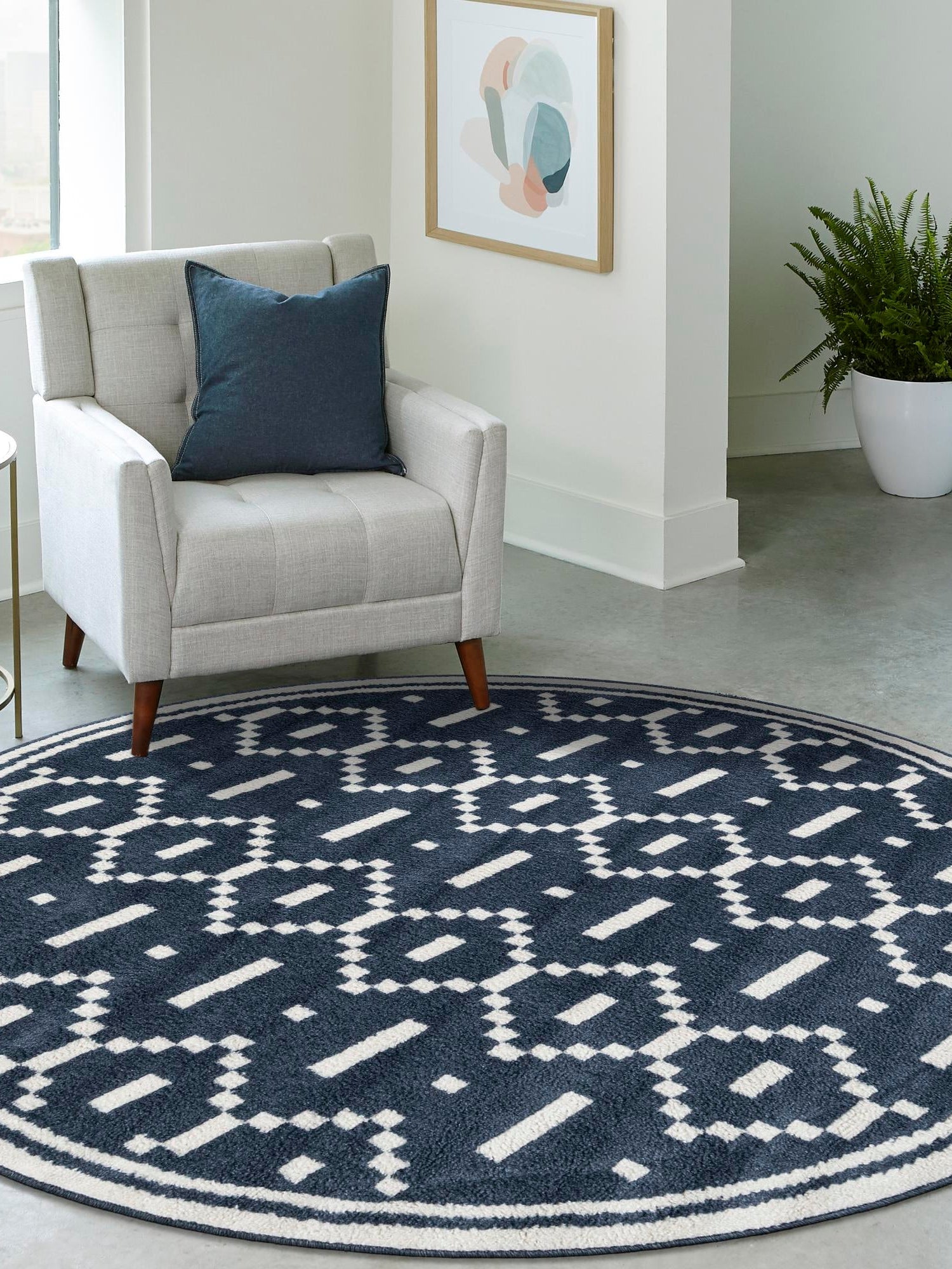 Blue 4' 1 x 4' 1 Norge Round Area Rug 100% Polypropylene Easy Clean Non Shed Stain Resistant Modern Carpet for Home Interior Design for Sale at Rug Engine