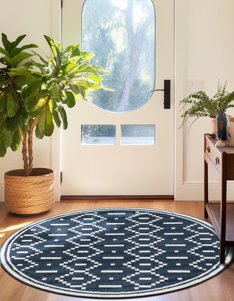Blue 4' 1 x 4' 1 Norge Round Area Rug 100% Polypropylene Easy Clean Non Shed Stain Resistant Modern Carpet for Home Interior Design for Sale at Rug Engine