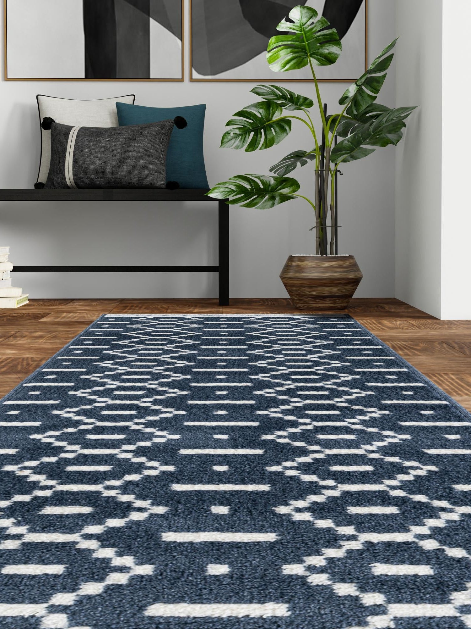 Blue 2' 7 x 12' Norge Runner Area Rug 100% Polypropylene Easy Clean Non Shed Stain Resistant Modern Carpet for Home Interior Design for Sale at Rug Engine