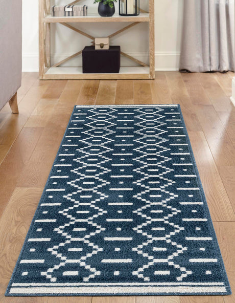 Blue 2' 7 x 12' Norge Runner Area Rug 100% Polypropylene Easy Clean Non Shed Stain Resistant Modern Carpet for Home Interior Design for Sale at Rug Engine