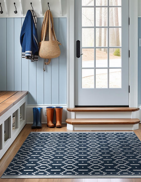 Blue 7' 10 x 7' 10 Norge Square Area Rug 100% Polypropylene Easy Clean Non Shed Stain Resistant Modern Carpet for Home Interior Design for Sale at Rug Engine