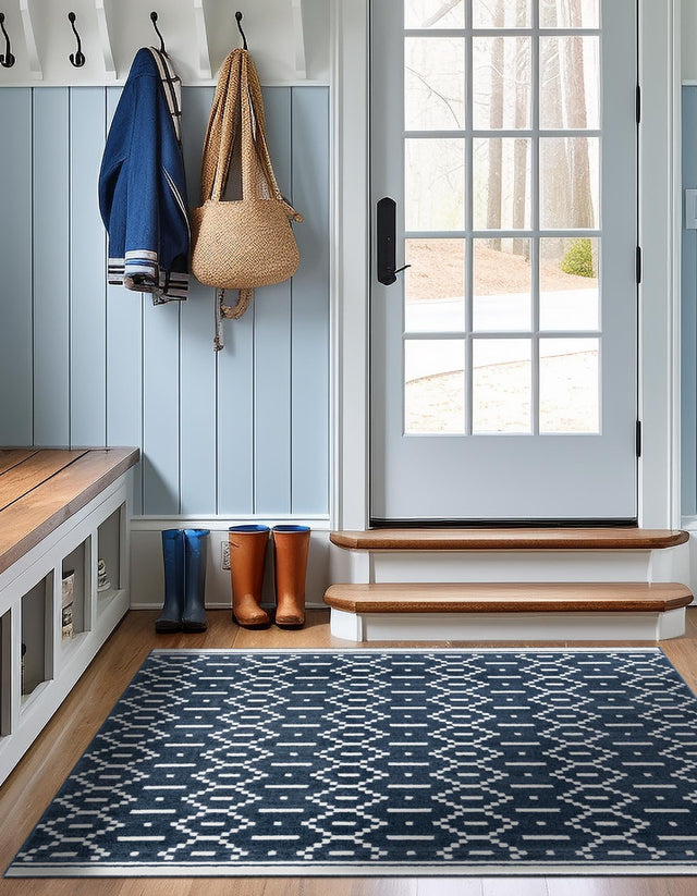 Blue 7' 10 x 7' 10 Norge Square Area Rug 100% Polypropylene Easy Clean Non Shed Stain Resistant Modern Carpet for Home Interior Design for Sale at Rug Engine