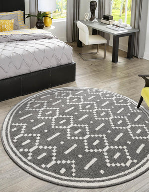 Gray 7' 10 x 7' 10 Norge Round Area Rug 100% Polypropylene Easy Clean Non Shed Stain Resistant Modern Carpet for Home Interior Design for Sale at Rug Engine