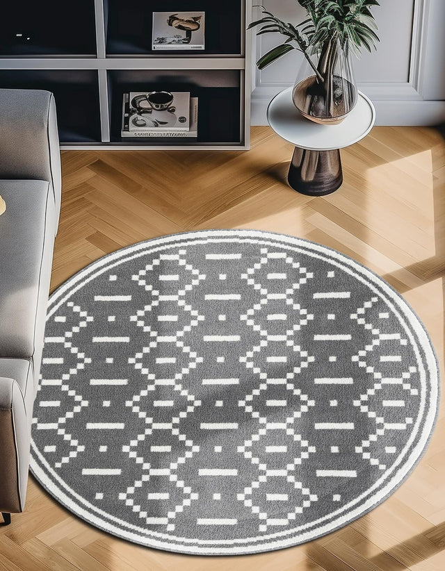 Gray 7' 10 x 7' 10 Norge Round Area Rug 100% Polypropylene Easy Clean Non Shed Stain Resistant Modern Carpet for Home Interior Design for Sale at Rug Engine