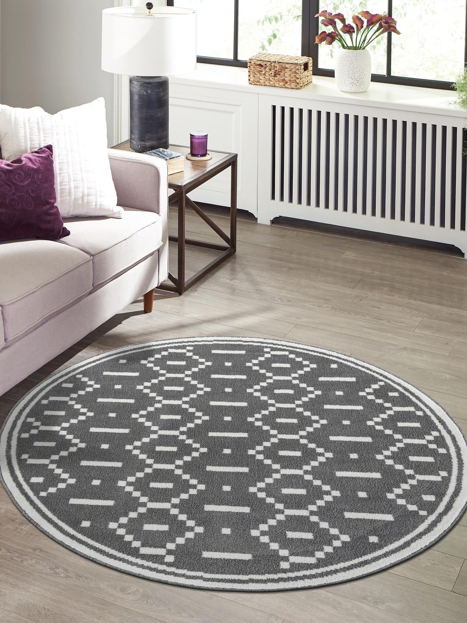 Gray 7' 10 x 7' 10 Norge Round Area Rug 100% Polypropylene Easy Clean Non Shed Stain Resistant Modern Carpet for Home Interior Design for Sale at Rug Engine