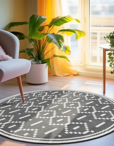 Gray 5' 1 x 5' 1 Norge Round Area Rug 100% Polypropylene Easy Clean Non Shed Stain Resistant Modern Carpet for Home Interior Design for Sale at Rug Engine