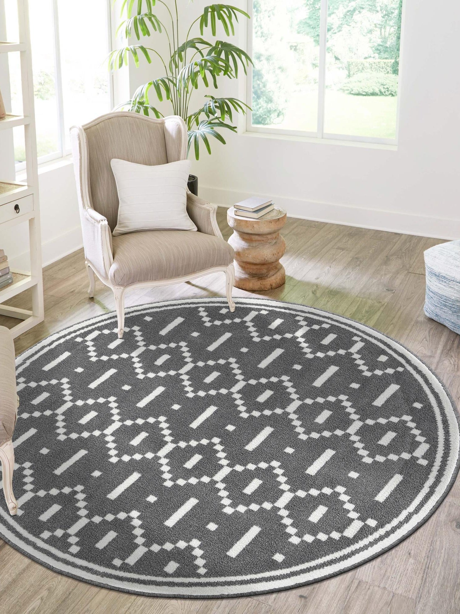 Gray 5' 1 x 5' 1 Norge Round Area Rug 100% Polypropylene Easy Clean Non Shed Stain Resistant Modern Carpet for Home Interior Design for Sale at Rug Engine