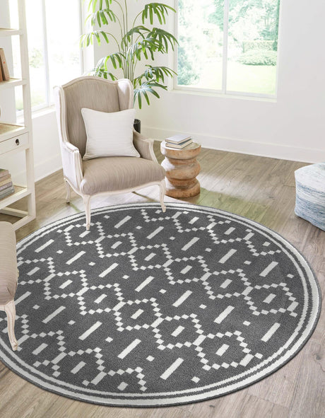 Gray 4' 1 x 4' 1 Norge Round Area Rug 100% Polypropylene Easy Clean Non Shed Stain Resistant Modern Carpet for Home Interior Design for Sale at Rug Engine