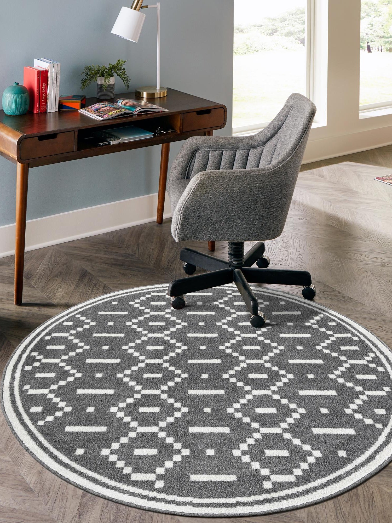 Gray 4' 1 x 4' 1 Norge Round Area Rug 100% Polypropylene Easy Clean Non Shed Stain Resistant Modern Carpet for Home Interior Design for Sale at Rug Engine