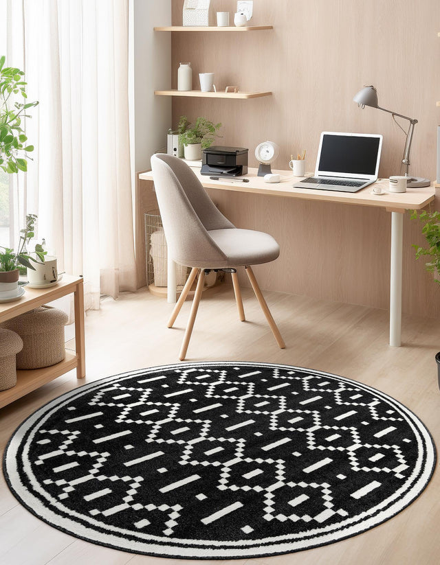 Black 7' 10 x 7' 10 Norge Round Area Rug 100% Polypropylene Easy Clean Non Shed Stain Resistant Modern Carpet for Home Interior Design for Sale at Rug Engine