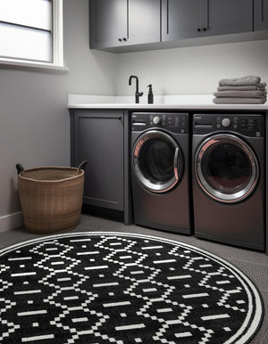 Black 3' 1 x 3' 1 Norge Round Area Rug 100% Polypropylene Easy Clean Non Shed Stain Resistant Modern Carpet for Home Interior Design for Sale at Rug Engine