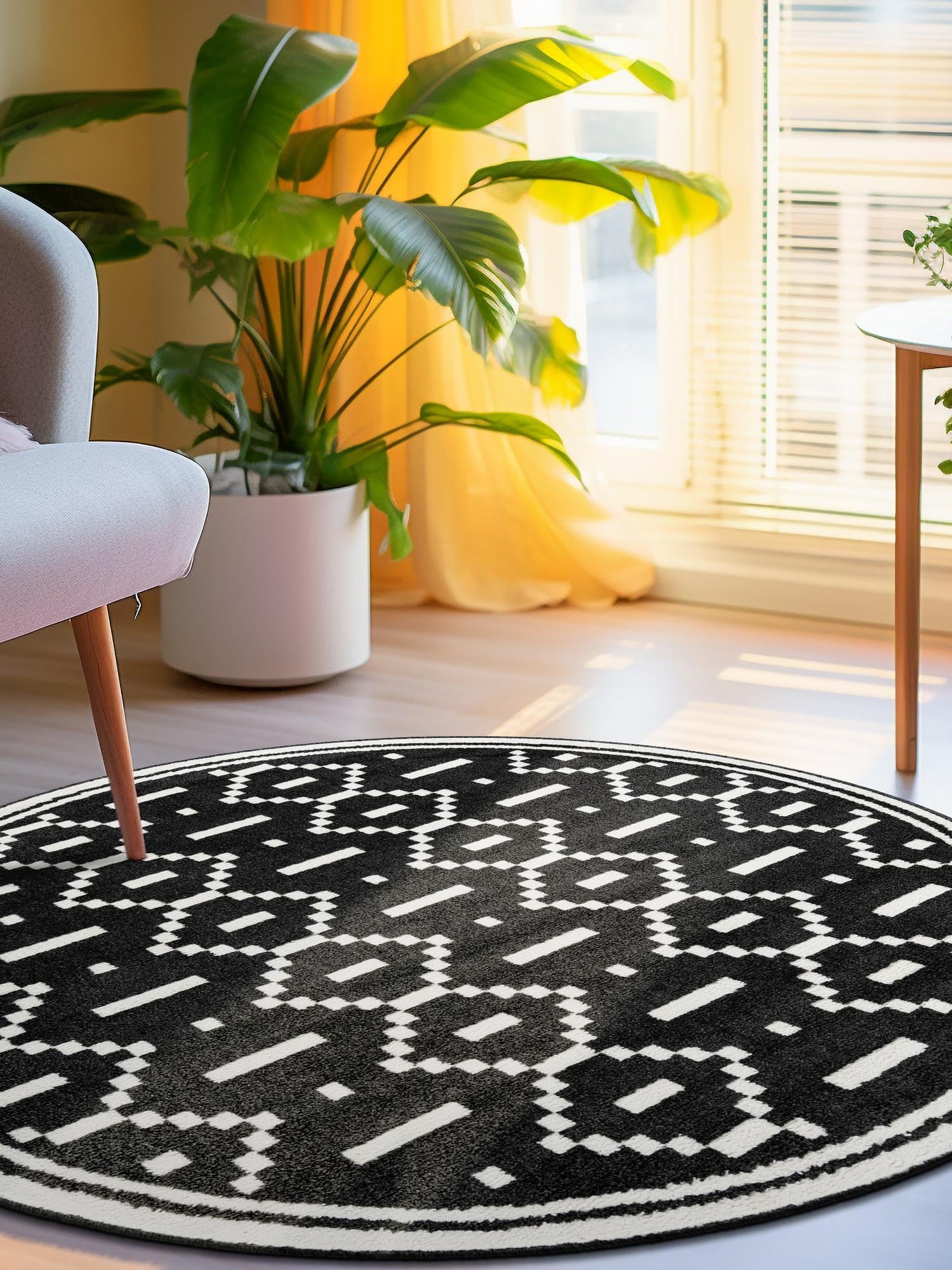 Black 7' 10 x 7' 10 Norge Round Area Rug 100% Polypropylene Easy Clean Non Shed Stain Resistant Modern Carpet for Home Interior Design for Sale at Rug Engine