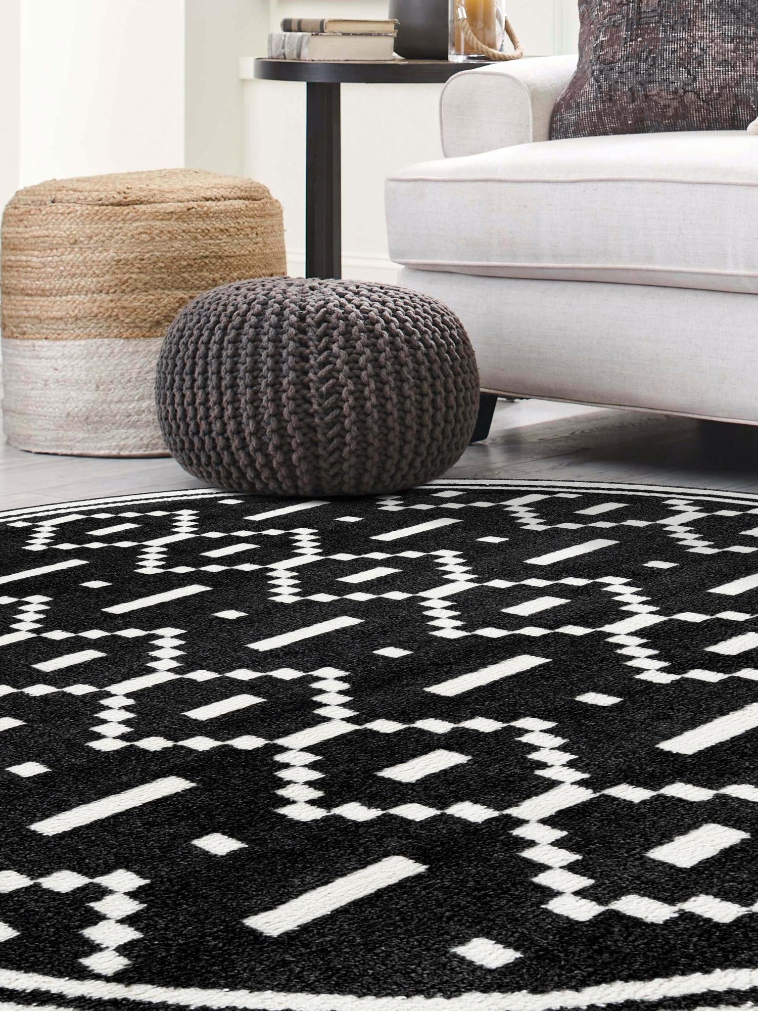 Black 3' 1 x 3' 1 Norge Round Area Rug 100% Polypropylene Easy Clean Non Shed Stain Resistant Modern Carpet for Home Interior Design for Sale at Rug Engine