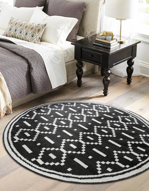 Black 7' 10 x 7' 10 Norge Round Area Rug 100% Polypropylene Easy Clean Non Shed Stain Resistant Modern Carpet for Home Interior Design for Sale at Rug Engine