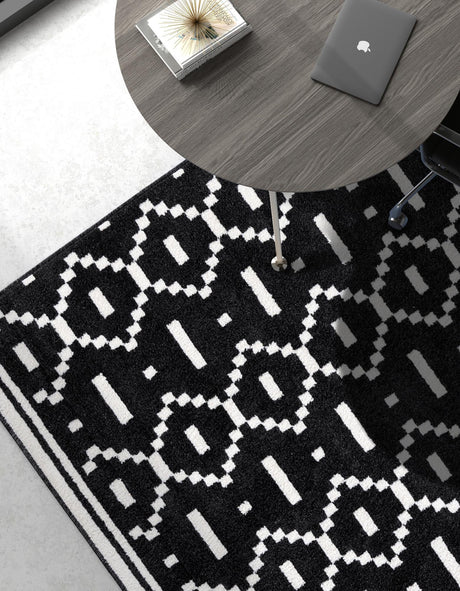 Black 5' 1 x 8' Norge Rectangle Area Rug 100% Polypropylene Easy Clean Non Shed Stain Resistant Modern Carpet for Home Interior Design for Sale at Rug Engine