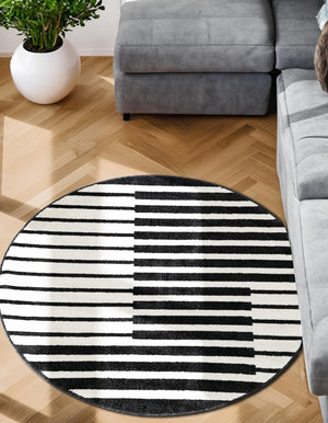 Black 7' 10 x 7' 10 Norge Round Area Rug 100% Polypropylene Easy Clean Non Shed Stain Resistant Modern Carpet for Home Interior Design for Sale at Rug Engine