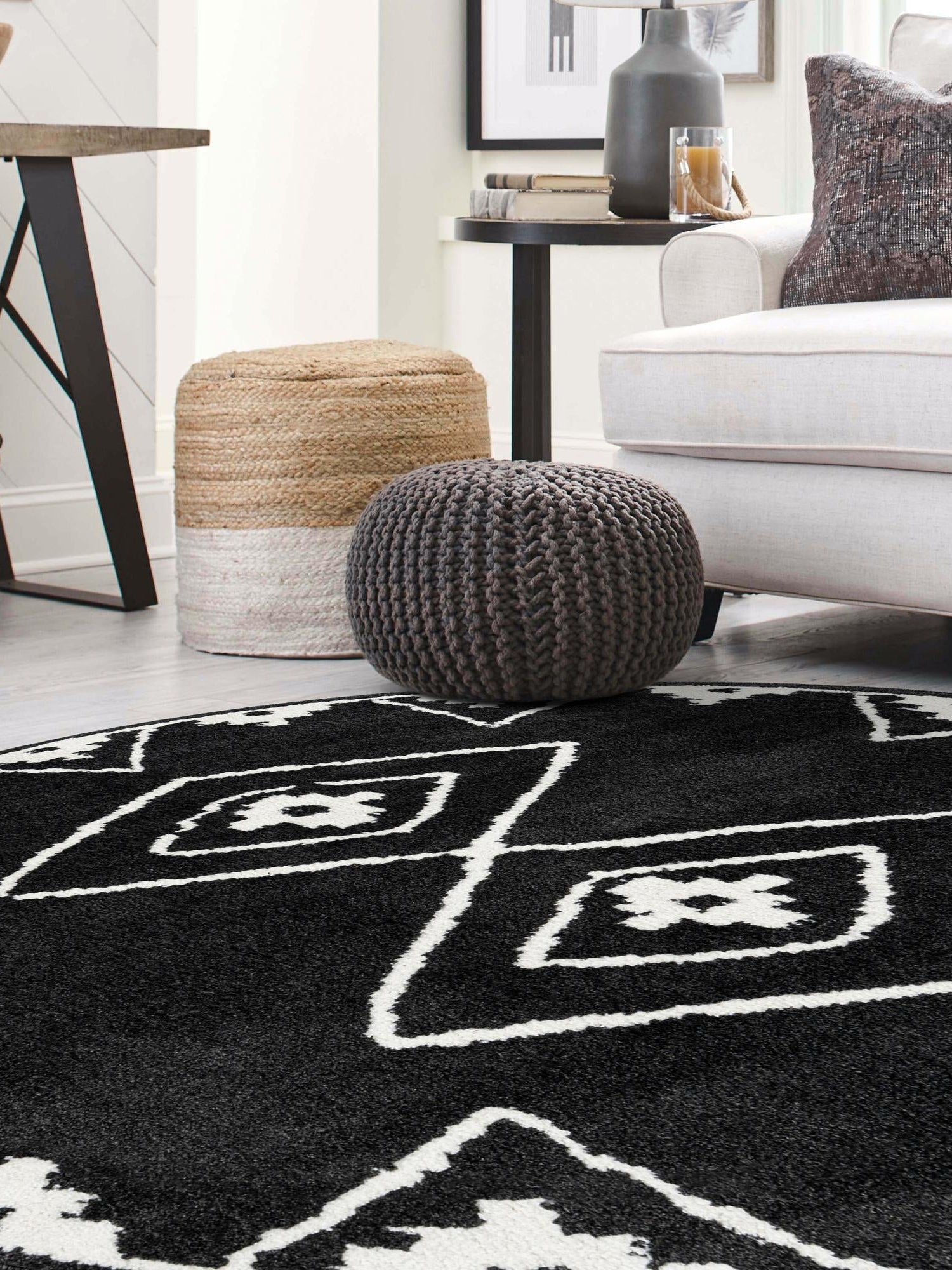Black 3' 1 x 3' 1 Norge Round Area Rug 100% Polypropylene Easy Clean Non Shed Stain Resistant Modern Carpet for Home Interior Design for Sale at Rug Engine