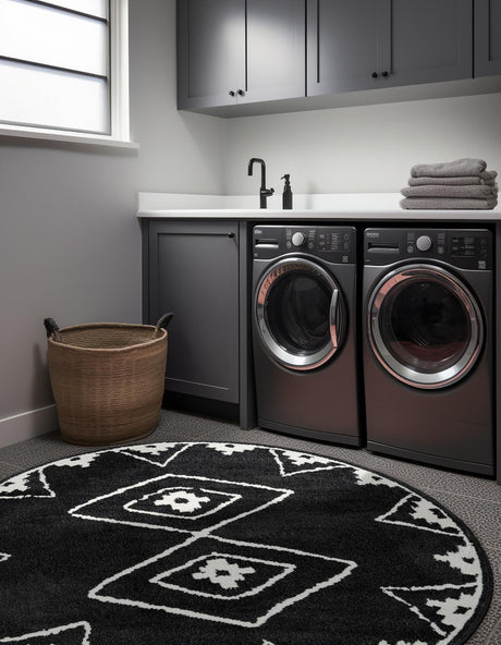 Black 3' 1 x 3' 1 Norge Round Area Rug 100% Polypropylene Easy Clean Non Shed Stain Resistant Modern Carpet for Home Interior Design for Sale at Rug Engine