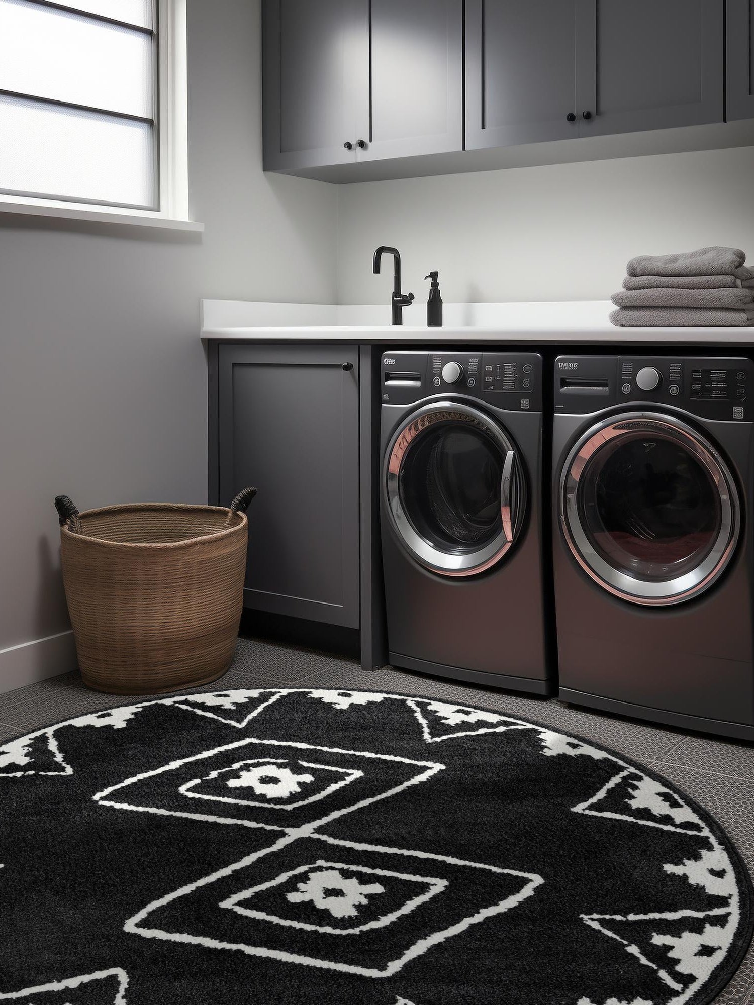 Black 7' 10 x 7' 10 Norge Round Area Rug 100% Polypropylene Easy Clean Non Shed Stain Resistant Modern Carpet for Home Interior Design for Sale at Rug Engine