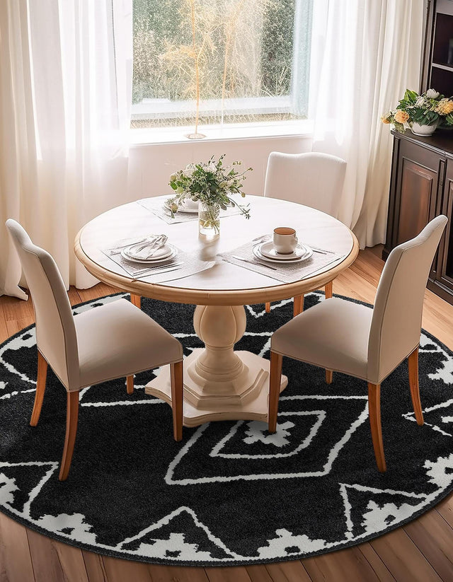 Black 7' 10 x 7' 10 Norge Round Area Rug 100% Polypropylene Easy Clean Non Shed Stain Resistant Modern Carpet for Home Interior Design for Sale at Rug Engine