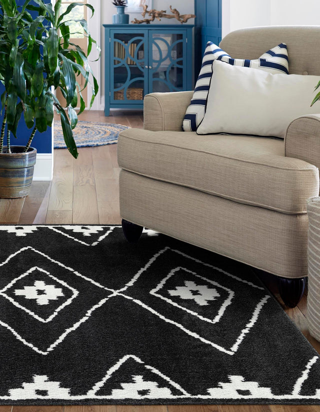 Black 7' 10 x 10' Norge Rectangle Area Rug 100% Polypropylene Easy Clean Non Shed Stain Resistant Modern Carpet for Home Interior Design for Sale at Rug Engine