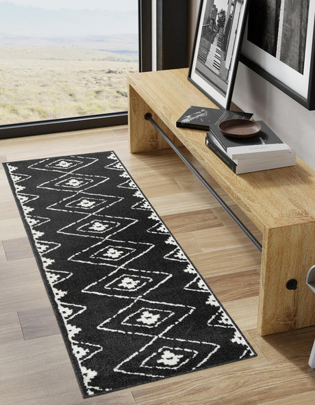 Black 2' 7 x 10' Norge Runner Area Rug 100% Polypropylene Easy Clean Non Shed Stain Resistant Modern Carpet for Home Interior Design for Sale at Rug Engine