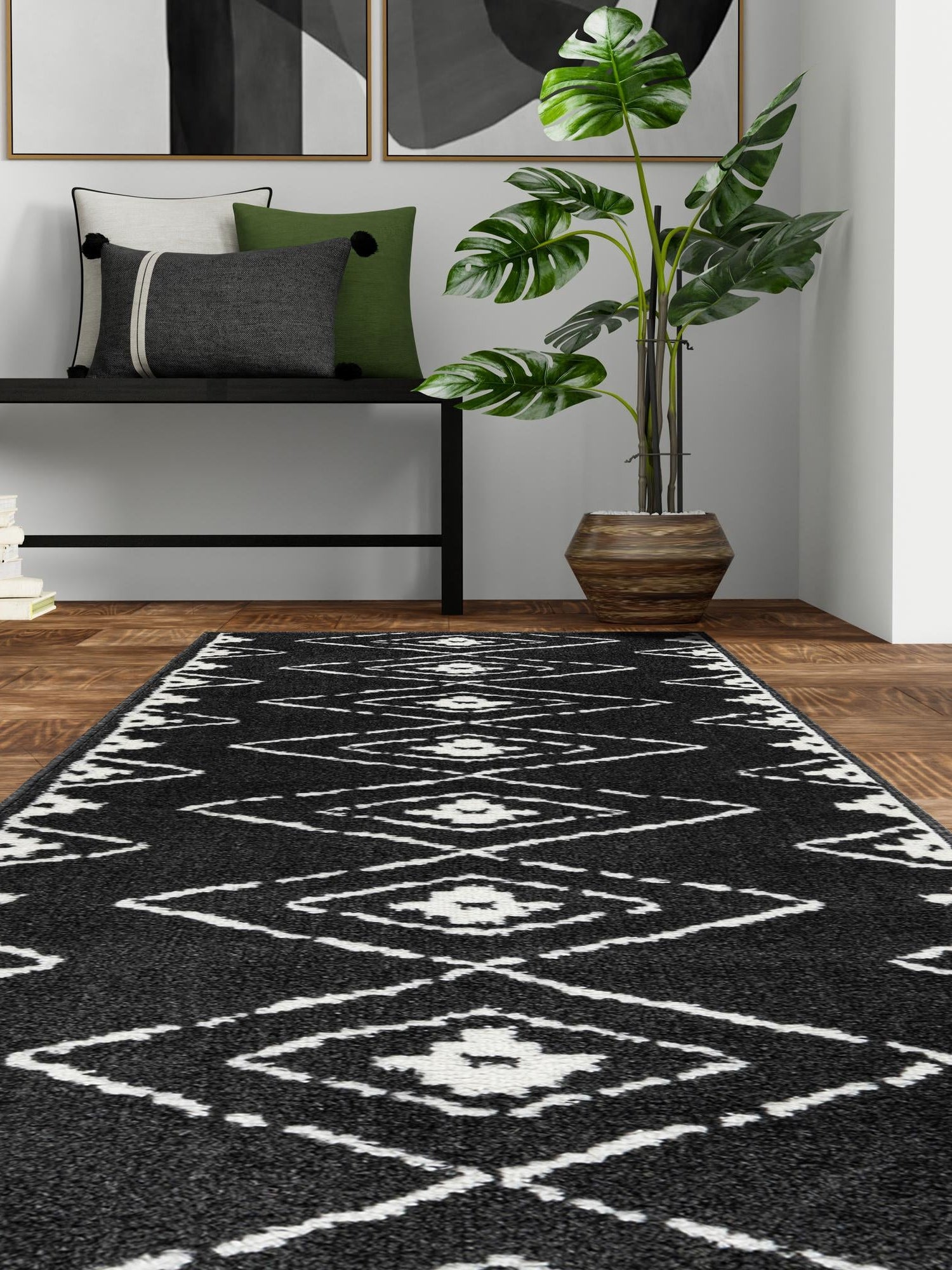 Black 2' x 6' 1 Norge Runner Area Rug 100% Polypropylene Easy Clean Non Shed Stain Resistant Modern Carpet for Home Interior Design for Sale at Rug Engine