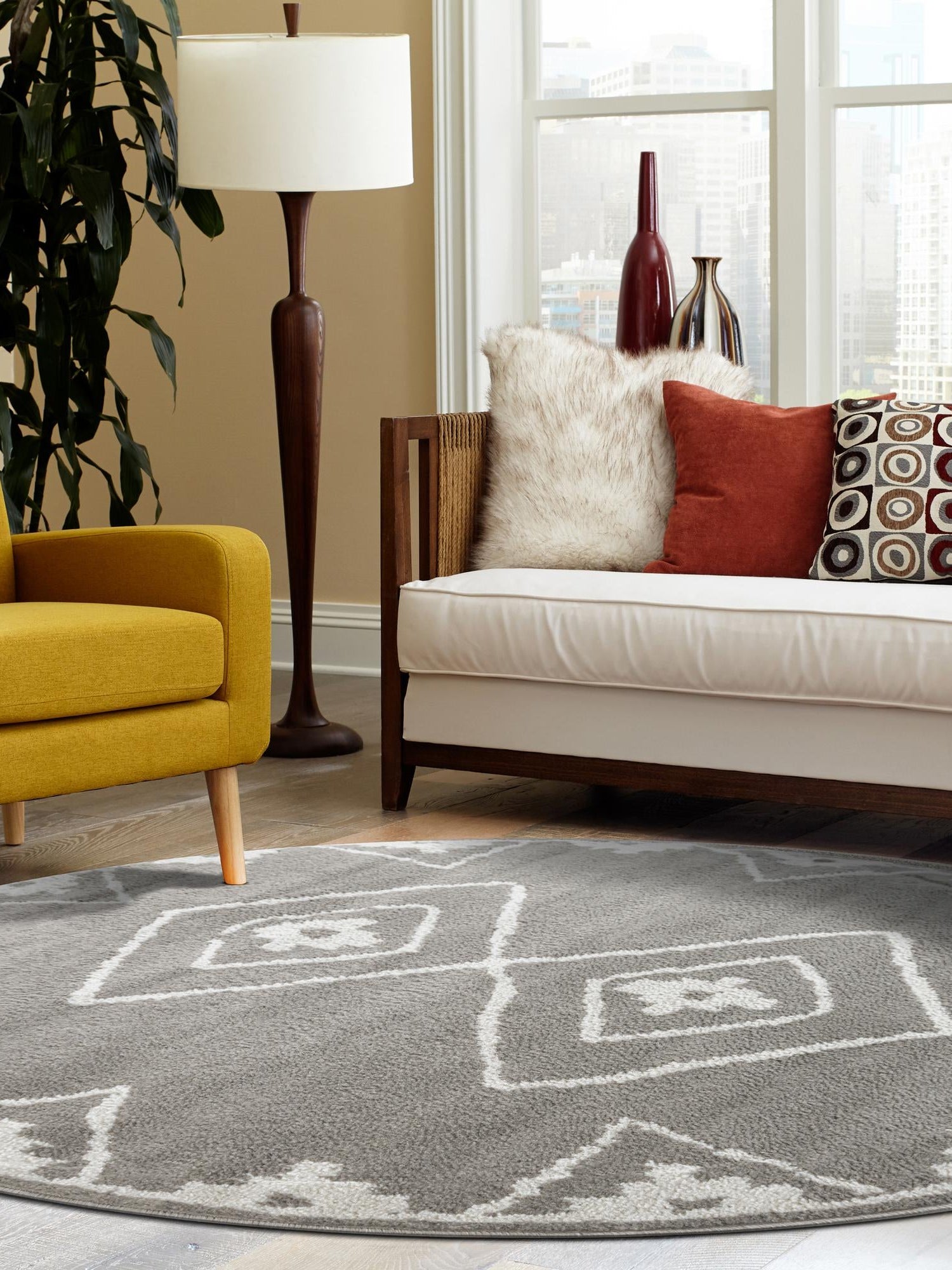 Gray 7' 10 x 7' 10 Norge Round Area Rug 100% Polypropylene Easy Clean Non Shed Stain Resistant Modern Carpet for Home Interior Design for Sale at Rug Engine