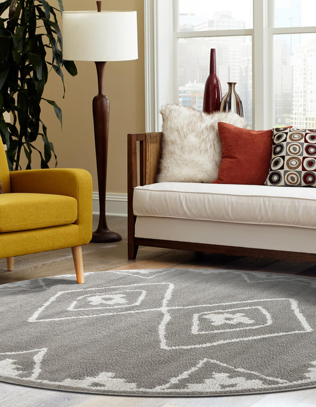 Gray 4' 1 x 4' 1 Norge Round Area Rug 100% Polypropylene Easy Clean Non Shed Stain Resistant Modern Carpet for Home Interior Design for Sale at Rug Engine