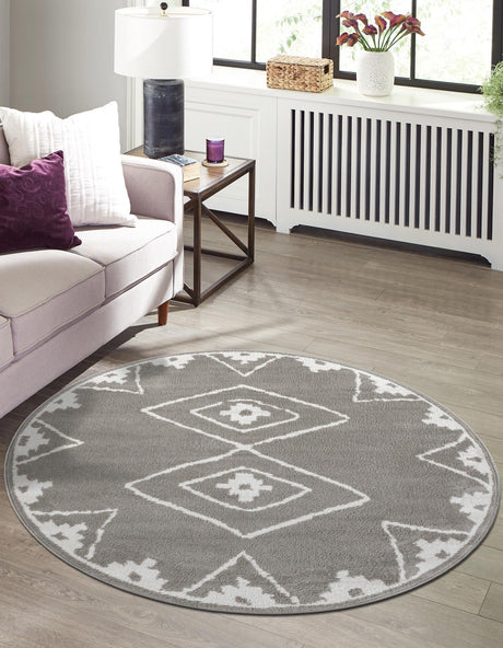 Gray 7' 10 x 7' 10 Norge Round Area Rug 100% Polypropylene Easy Clean Non Shed Stain Resistant Modern Carpet for Home Interior Design for Sale at Rug Engine