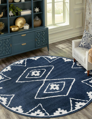 Blue 7' 10 x 7' 10 Norge Round Area Rug 100% Polypropylene Easy Clean Non Shed Stain Resistant Modern Carpet for Home Interior Design for Sale at Rug Engine
