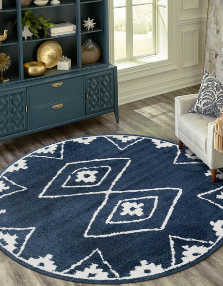 Blue 7' 10 x 7' 10 Norge Round Area Rug 100% Polypropylene Easy Clean Non Shed Stain Resistant Modern Carpet for Home Interior Design for Sale at Rug Engine