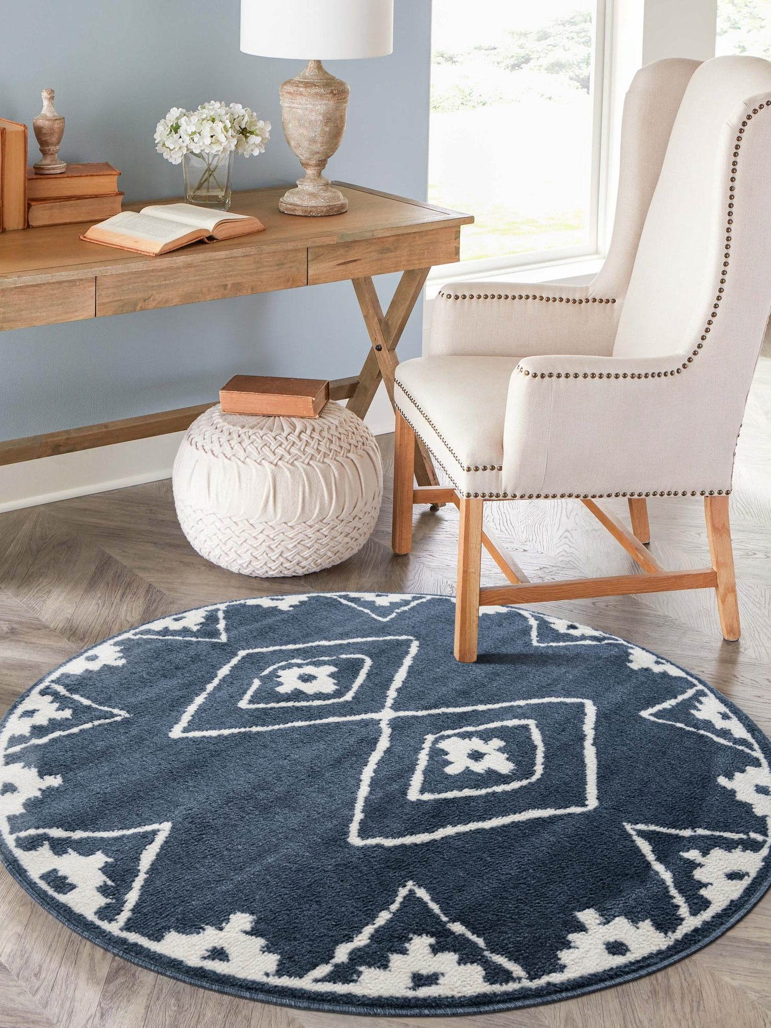 Blue 7' 10 x 7' 10 Norge Round Area Rug 100% Polypropylene Easy Clean Non Shed Stain Resistant Modern Carpet for Home Interior Design for Sale at Rug Engine