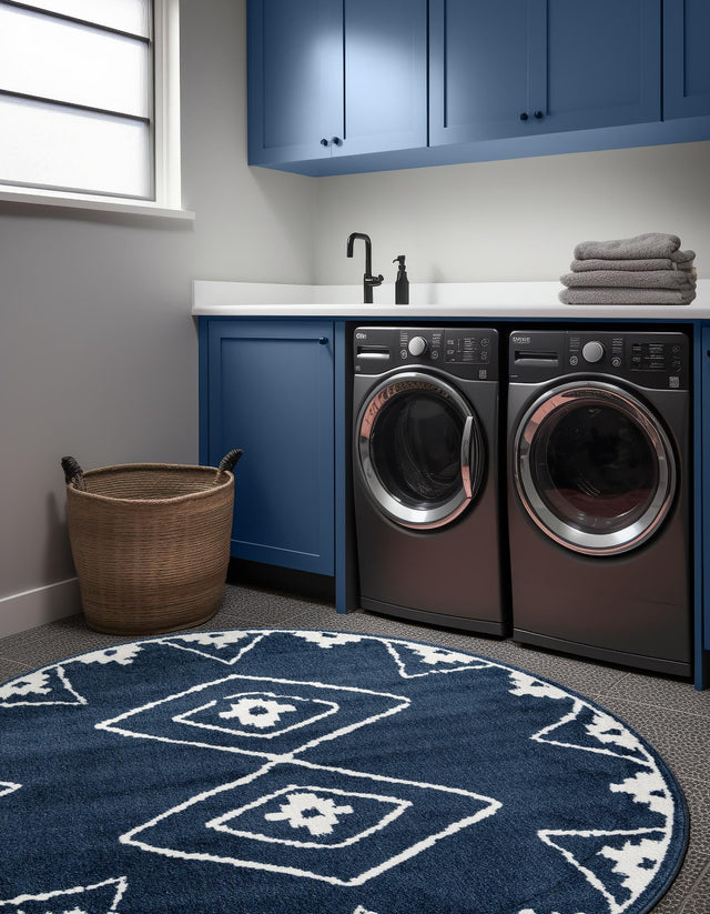 Blue 7' 10 x 7' 10 Norge Round Area Rug 100% Polypropylene Easy Clean Non Shed Stain Resistant Modern Carpet for Home Interior Design for Sale at Rug Engine
