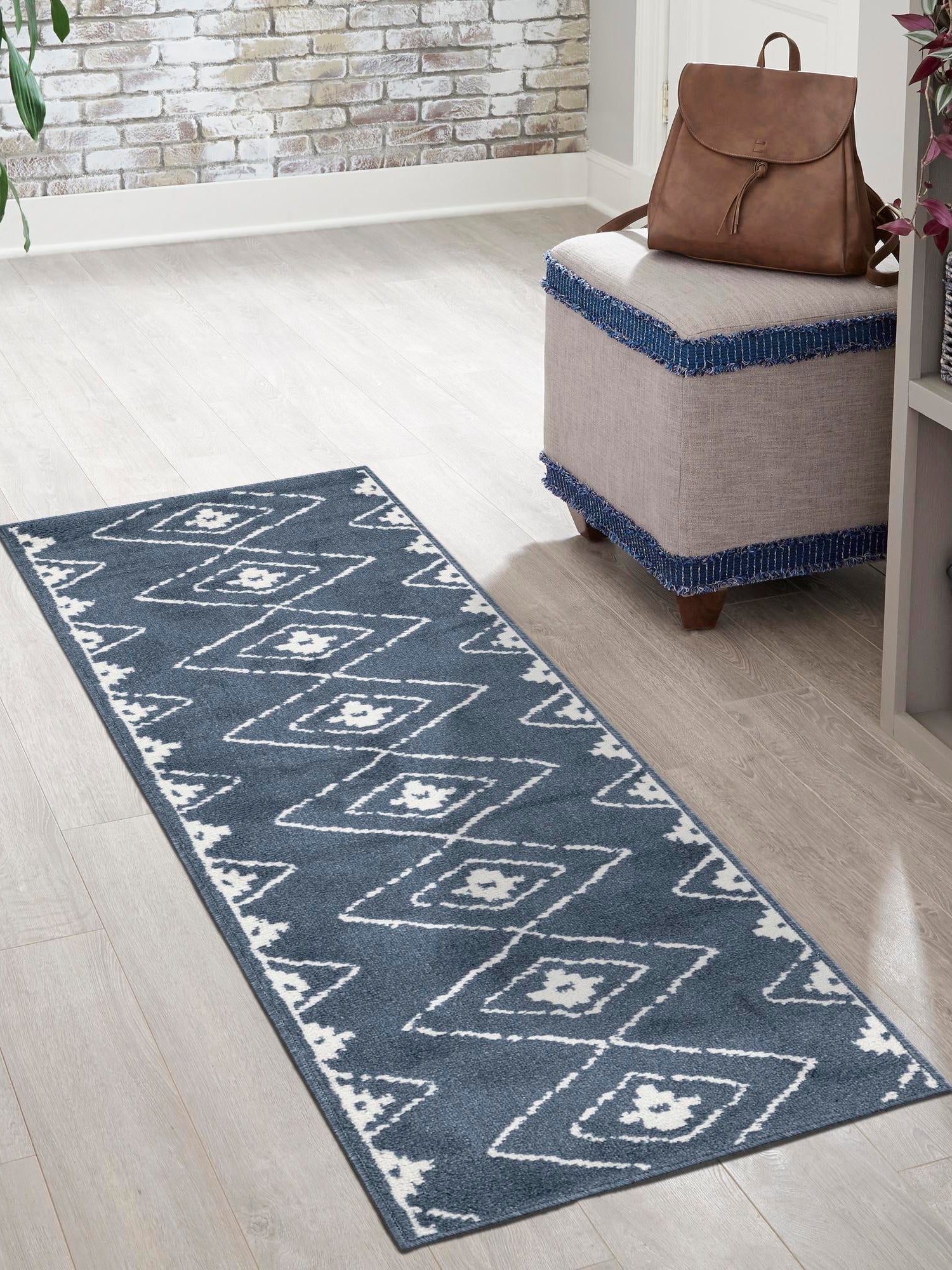 Blue 2' 7 x 10' Norge Runner Area Rug 100% Polypropylene Easy Clean Non Shed Stain Resistant Modern Carpet for Home Interior Design for Sale at Rug Engine