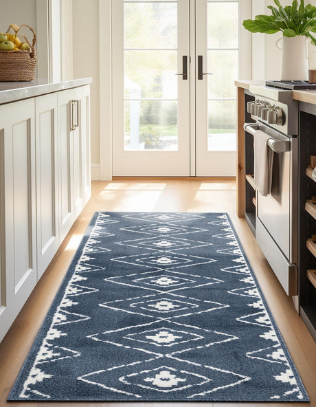 Blue 2' x 8' Norge Runner Area Rug 100% Polypropylene Easy Clean Non Shed Stain Resistant Modern Carpet for Home Interior Design for Sale at Rug Engine