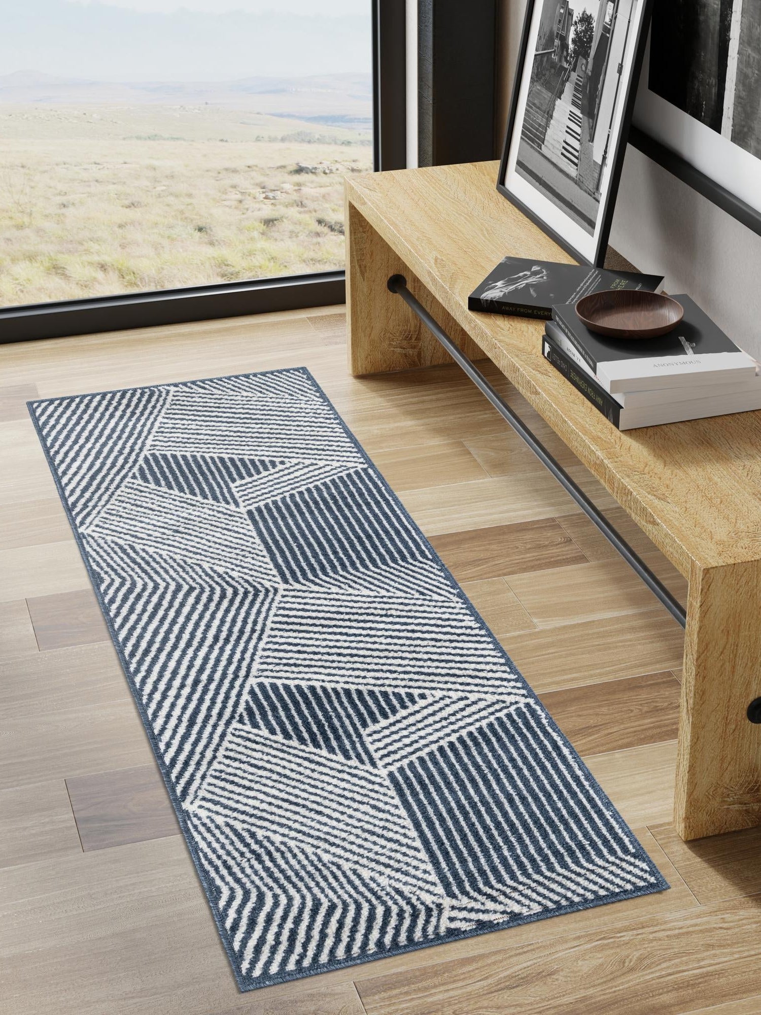 Blue 2' 7 x 12' Norge Runner Area Rug 100% Polypropylene Easy Clean Non Shed Stain Resistant Modern Carpet for Home Interior Design for Sale at Rug Engine