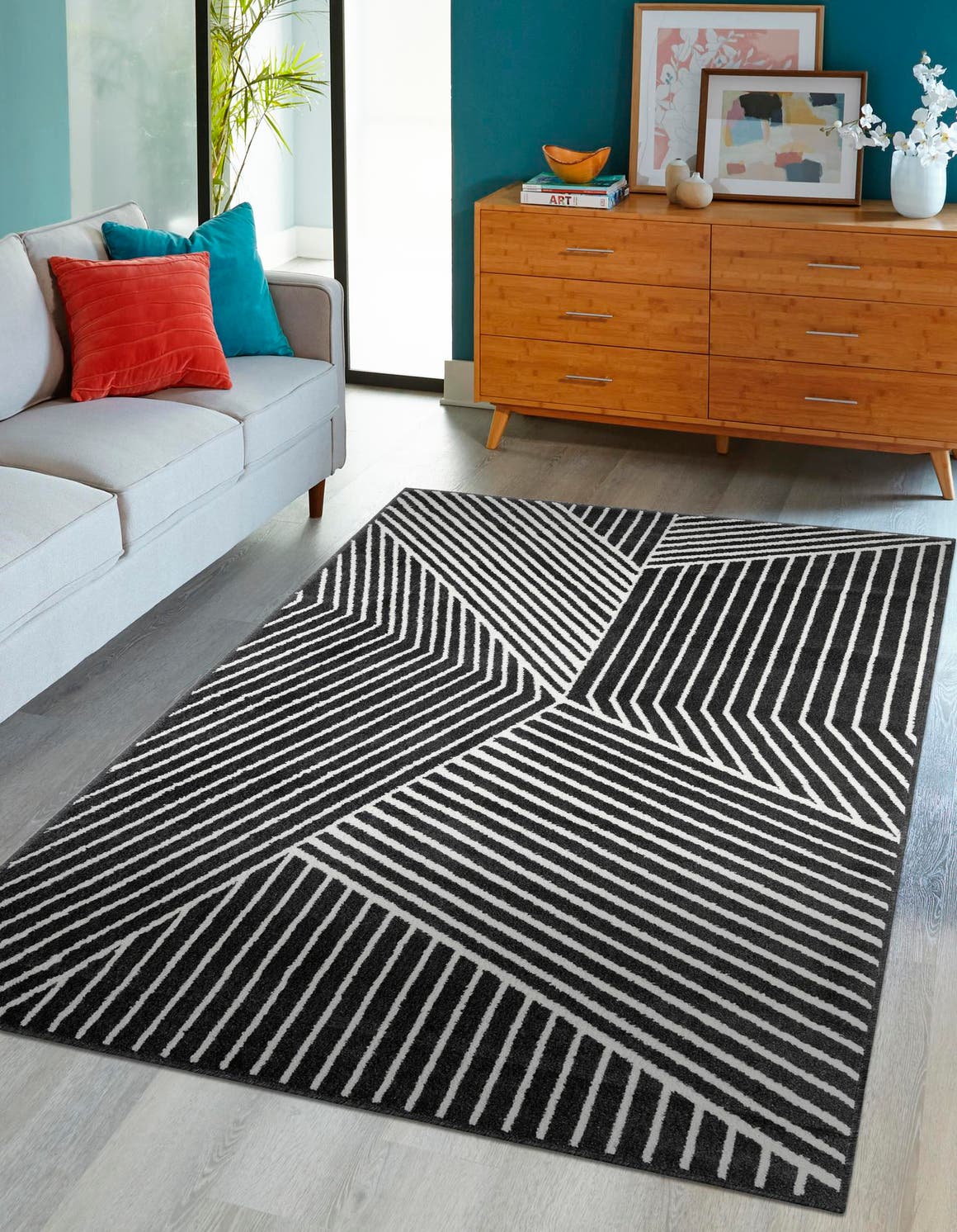 Black 9' x 12' Norge Rectangle Area Rug 100% Polypropylene Easy Clean Non Shed Stain Resistant Modern Carpet for Home Interior Design for Sale at Rug Engine