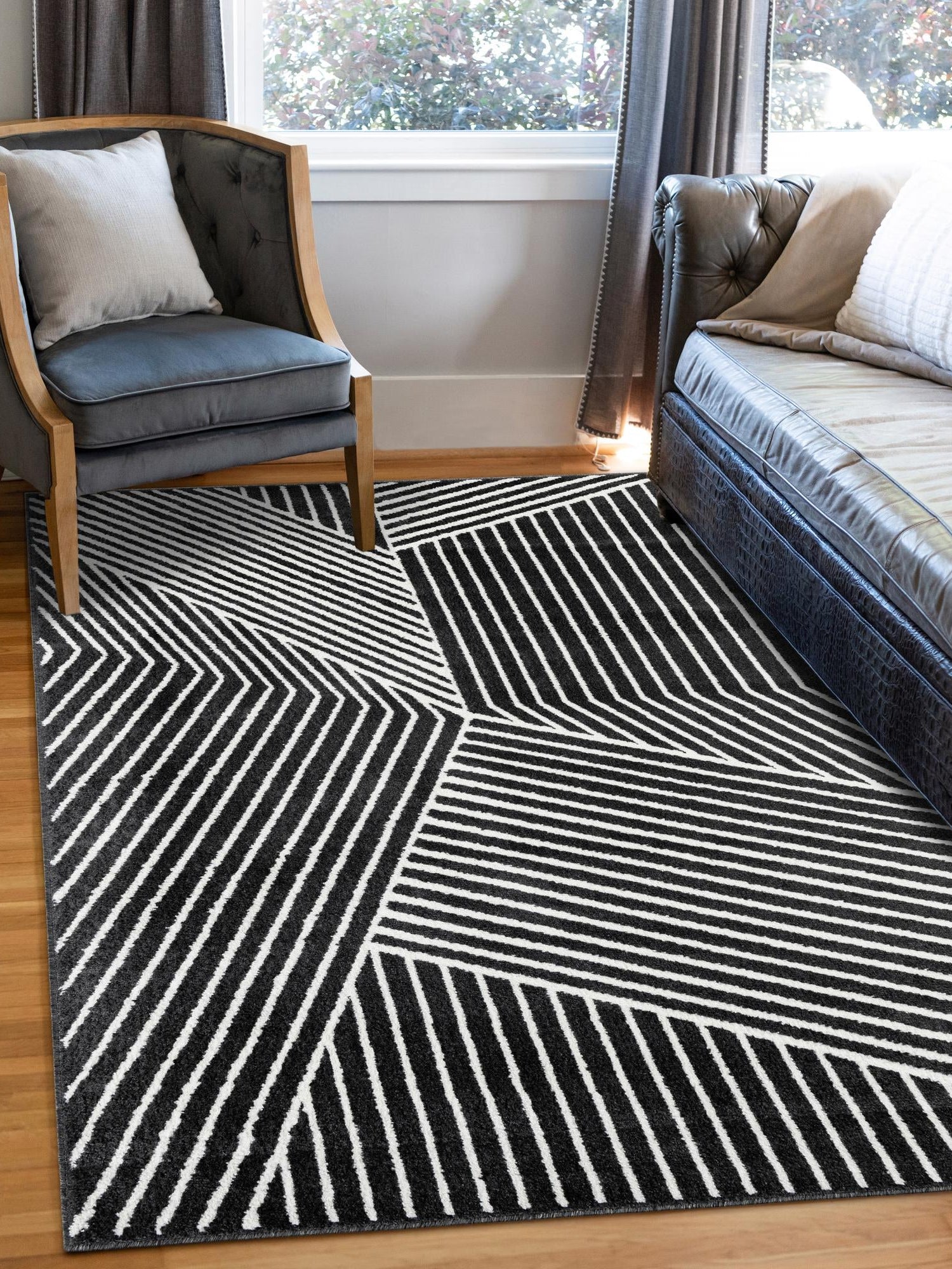 Black 6' 1 x 9' Norge Rectangle Area Rug 100% Polypropylene Easy Clean Non Shed Stain Resistant Modern Carpet for Home Interior Design for Sale at Rug Engine