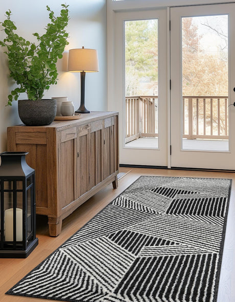 Black 2' 7 x 12' Norge Runner Area Rug 100% Polypropylene Easy Clean Non Shed Stain Resistant Modern Carpet for Home Interior Design for Sale at Rug Engine