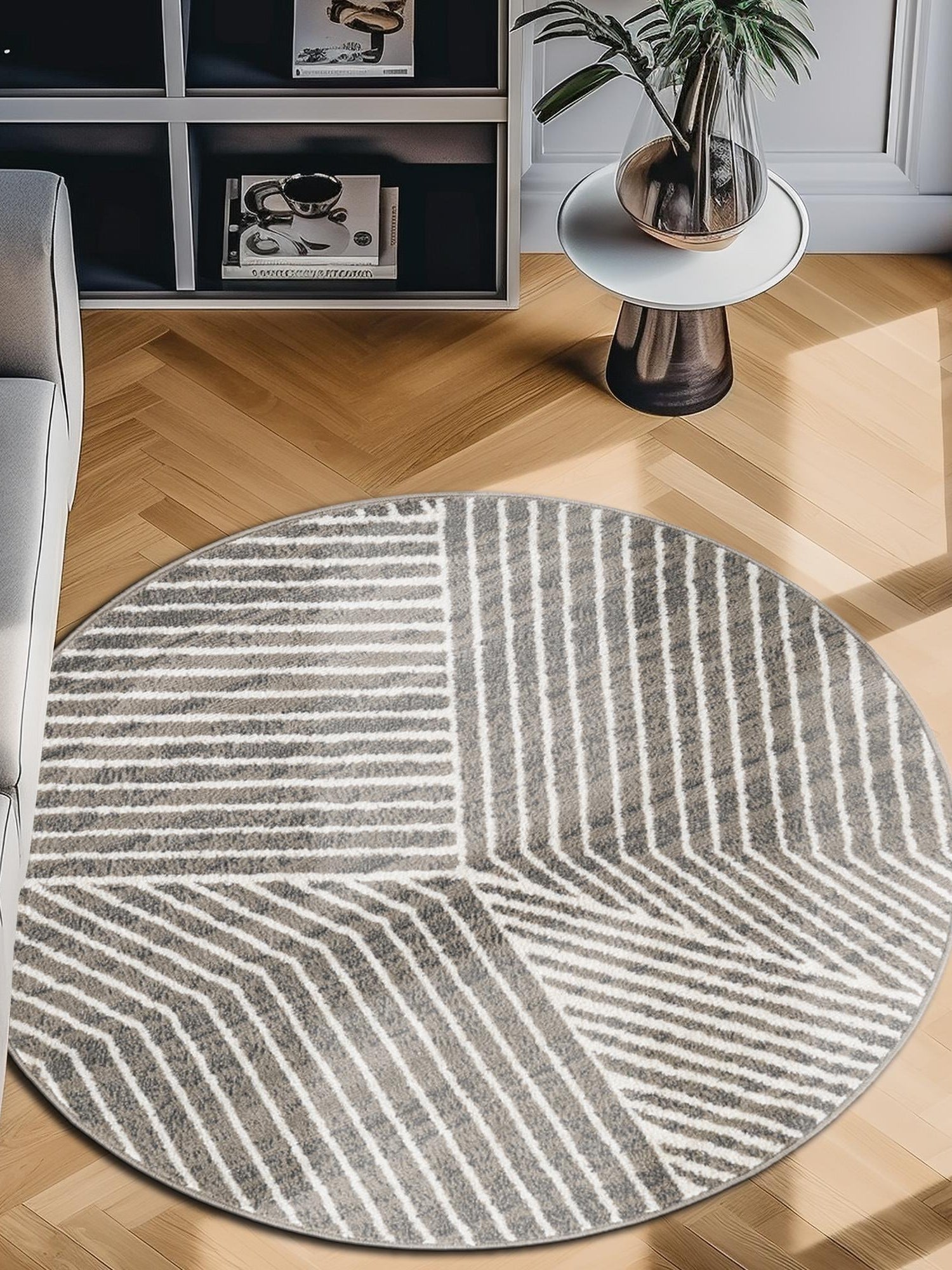 Gray 4' 1 x 4' 1 Norge Round Area Rug 100% Polypropylene Easy Clean Non Shed Stain Resistant Modern Carpet for Home Interior Design for Sale at Rug Engine