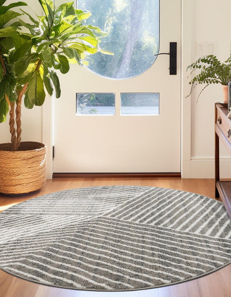 Gray 4' 1 x 4' 1 Norge Round Area Rug 100% Polypropylene Easy Clean Non Shed Stain Resistant Modern Carpet for Home Interior Design for Sale at Rug Engine