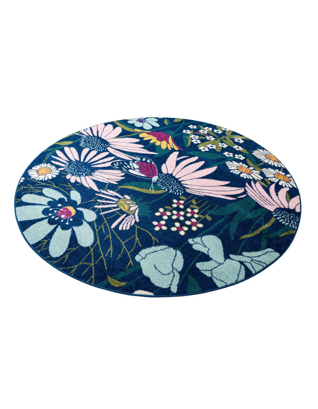 Navy Blue 7' 10 x 7' 10 Bloom Round Area Rug 100% Polypropylene With Cotton Backing Easy Clean Colorful Blooming Flower Floral Carpet for Living Dining Room Office Dorms for Sale at Rug Engine