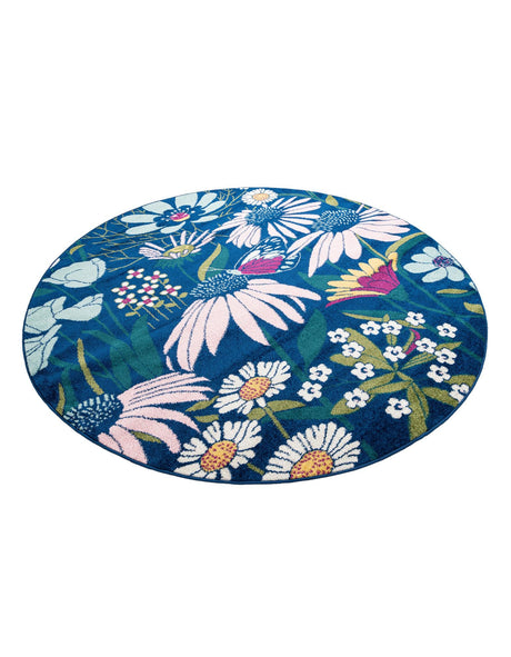 Navy Blue 7' 10 x 7' 10 Bloom Round Area Rug 100% Polypropylene With Cotton Backing Easy Clean Colorful Blooming Flower Floral Carpet for Living Dining Room Office Dorms for Sale at Rug Engine
