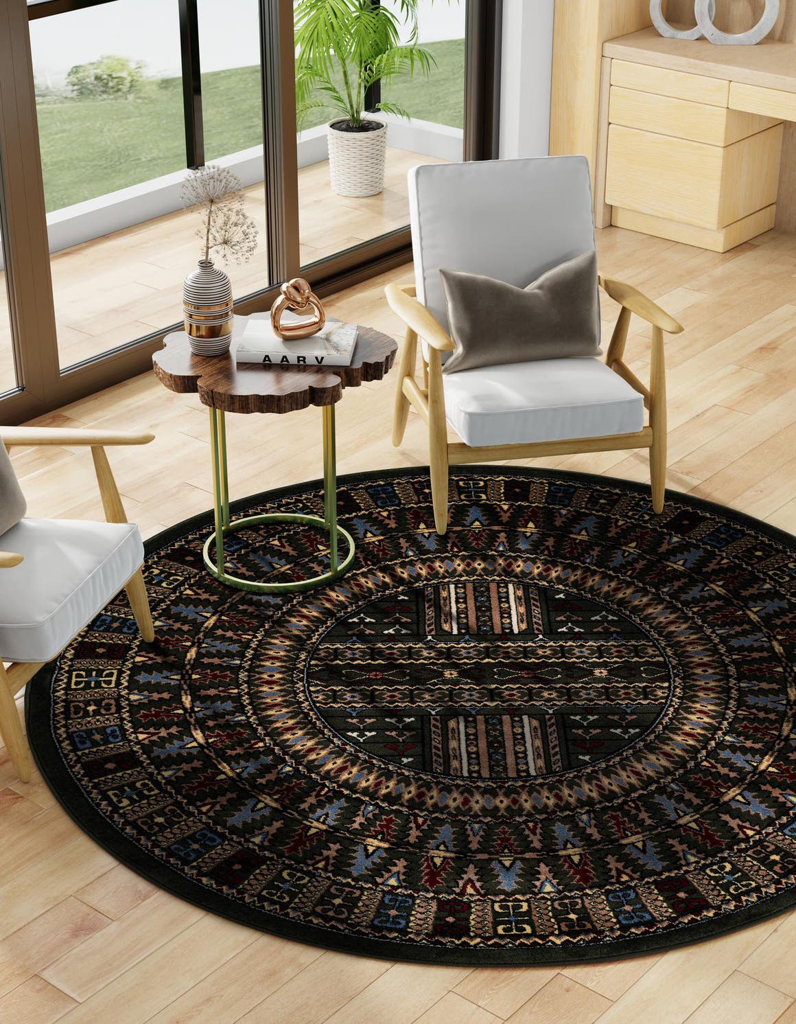 Dark Green 6' 1 x 6' 1 Tekke Round Area Rug Classic Traditional Vintage Design Carpet for Living Rooms, Dining, Bedrooms, Office Space for Sale at Rug Engine