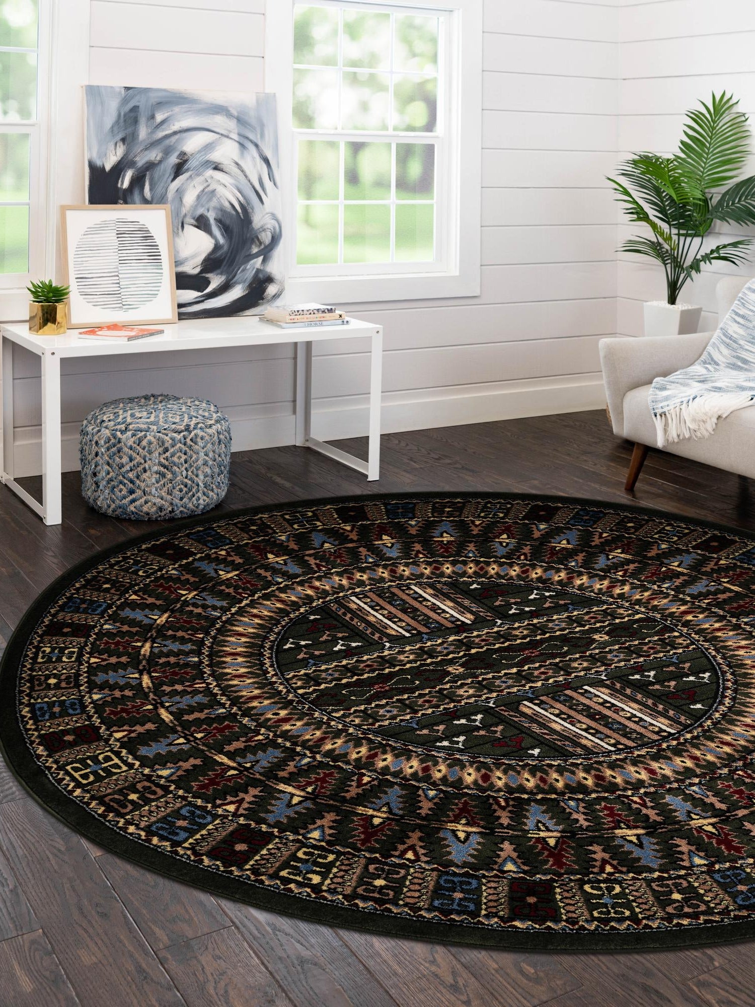 Dark Green 7' 10 x 7' 10 Tekke Round Area Rug Classic Traditional Vintage Design Carpet for Living Rooms, Dining, Bedrooms, Office Space for Sale at Rug Engine
